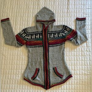 Gray Hooded Zip Sweater with Colorful Folk Trim